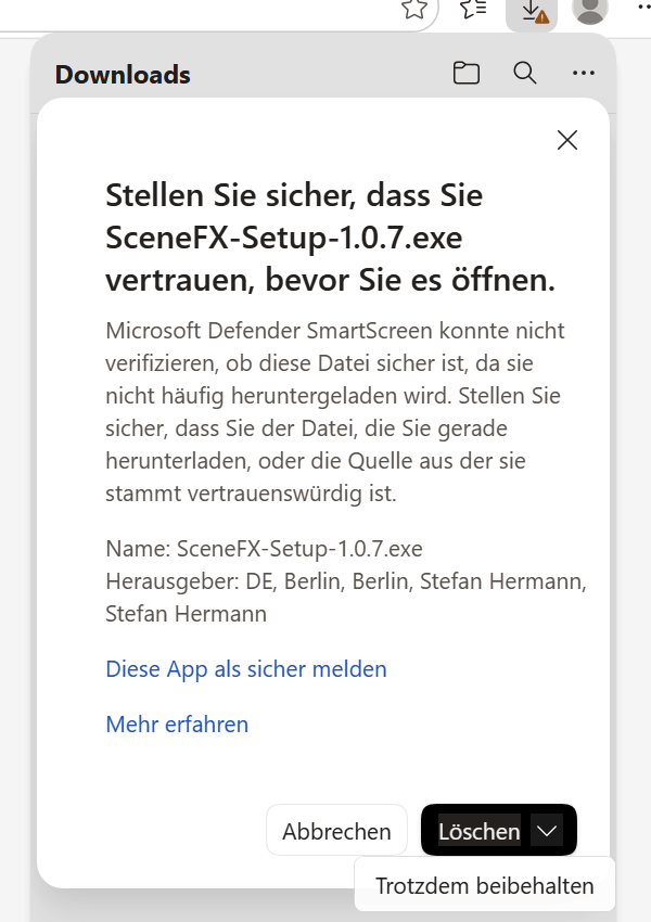 Edge-Rückfrage mit Herausgeber Stefan Hermann; unter „Löschen" steht „Trotzdem beibehalten"