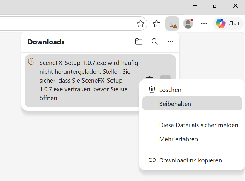Edge-Downloads: die Warnung zu SceneFX-Setup, im Menü der drei Punkte ist „Beibehalten" markiert