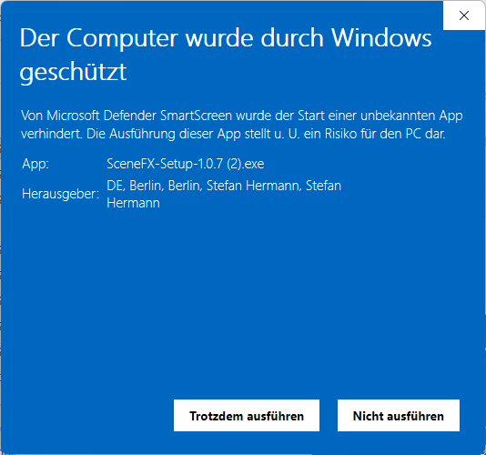 SmartScreen mit App SceneFX-Setup und Herausgeber Stefan Hermann, Knopf „Trotzdem ausführen"